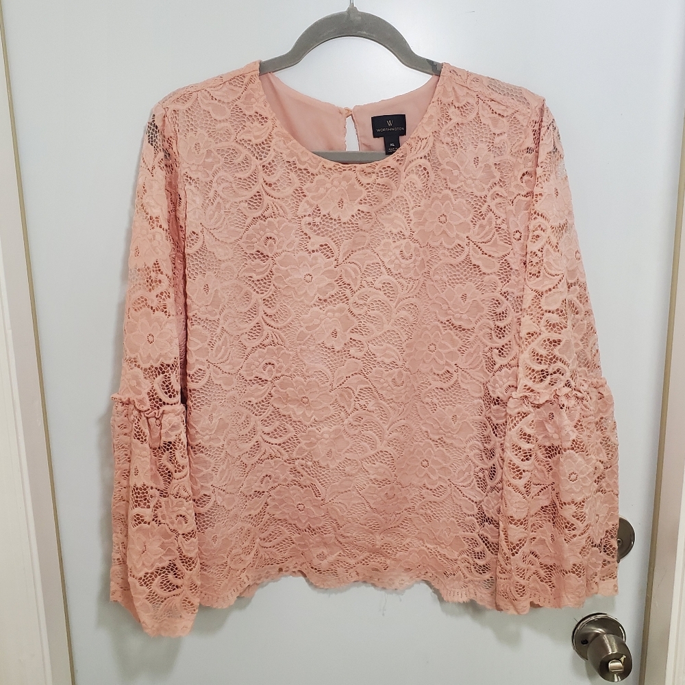 Worthington Lace Blouse in Soft Pink Flare Sleeves Size XL